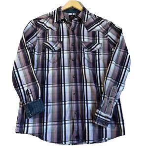 Moon Shine Spirit Western Shirt Mens Small Purple Plaid Pearl Snap Rodeo Cowboy